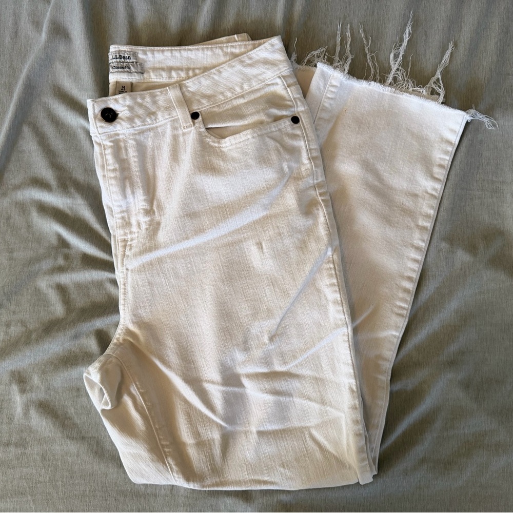 L.L. Bean White Ankle Crop Jeans with Raw Hem